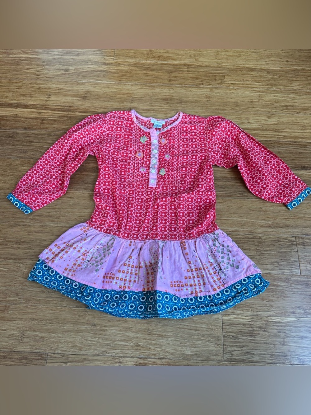 MIMI & MAGGIE Girls 6 Boho Indie Embroidered Red Pink Mixed-Print Peasant Dress